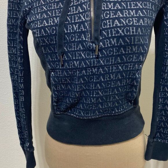 Armani Exchange Black/Silver Hoodie Size XS Quarter Zip Kangaroo Pocket - Picture 3 of 9
